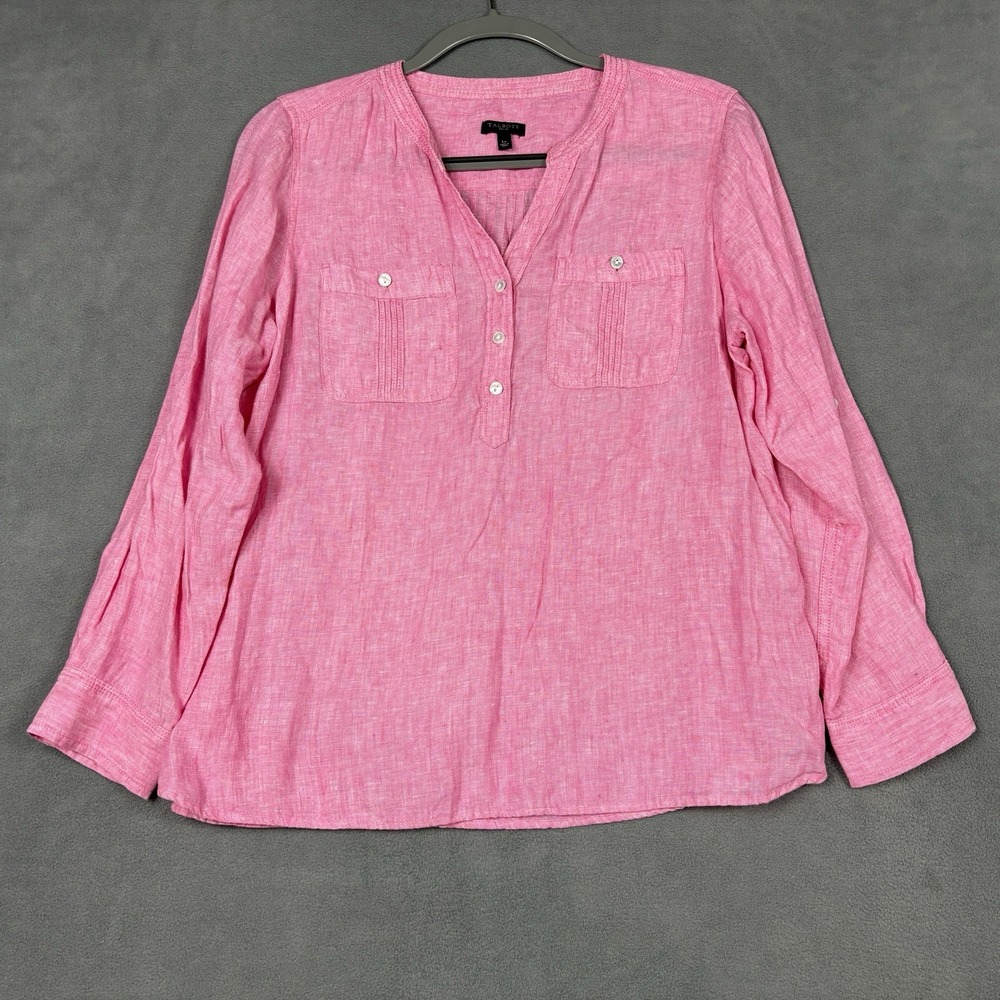 Talbots Size PL Large Petite Pink 100% Linen Popover Roll Tab Sleeve Pockets - Picture 2 of 9